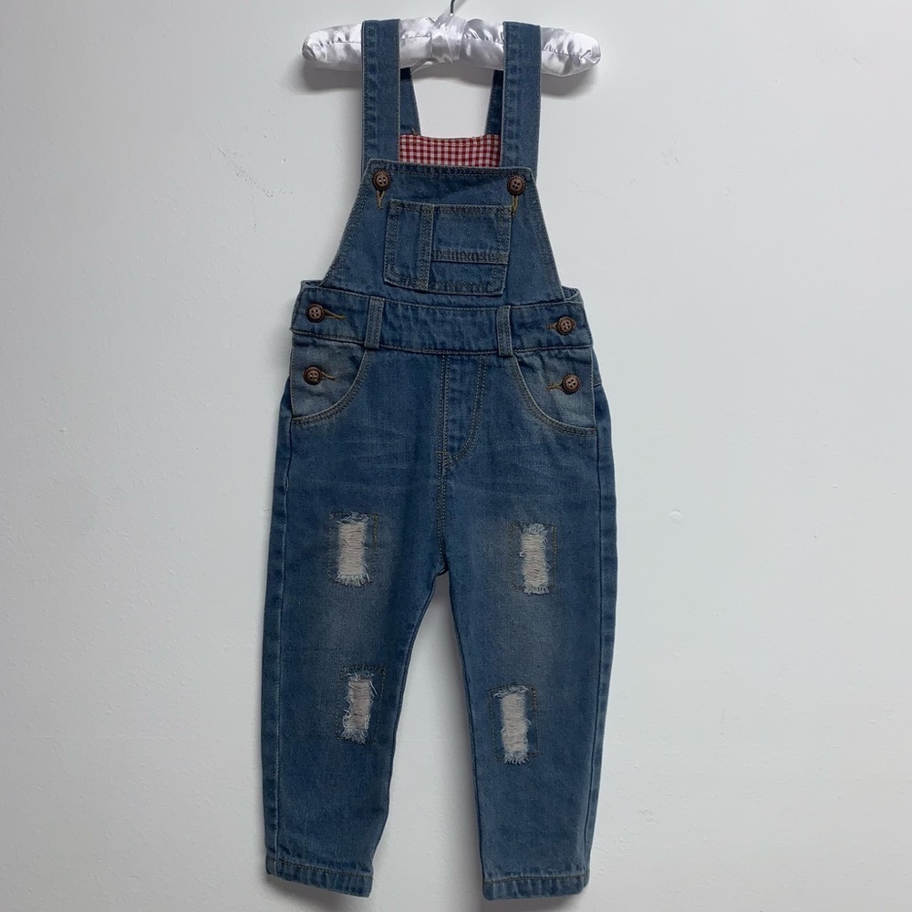 Toddler Bib Overalls Size 12M Distressed Boy Girl Unisex Buttons Pockets